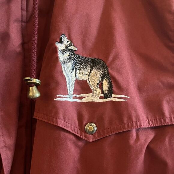 Vintage burgundy utility coat anorak embroidered wolves - Picture 3 of 14